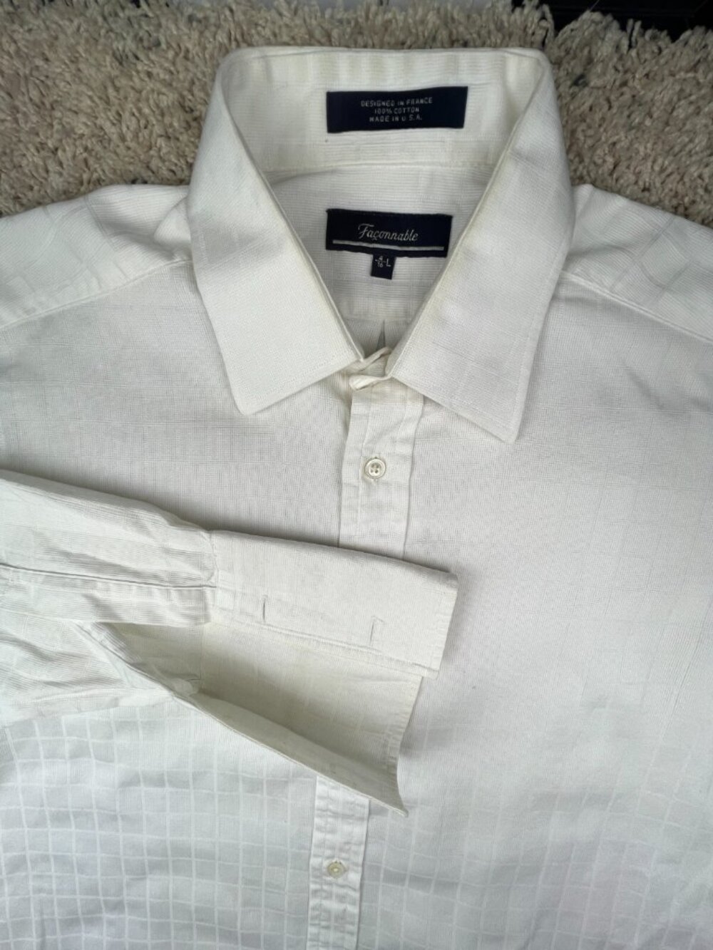 Faconnable Button Up Shirt Men White USA Made Large 16 Point Collar French Cuff